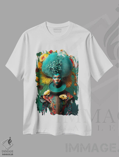 تیشرت سفید طرح دار زن آفریقایی رترو فیوچریست، هنر آمریکایی آفریقایی تبار اثر دیجیتال وایلد آرت | فروشگاه ایماژ