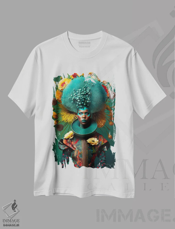تیشرت سفید طرح دار زن آفریقایی رترو فیوچریست، هنر آمریکایی آفریقایی تبار اثر دیجیتال وایلد آرت | فروشگاه ایماژ