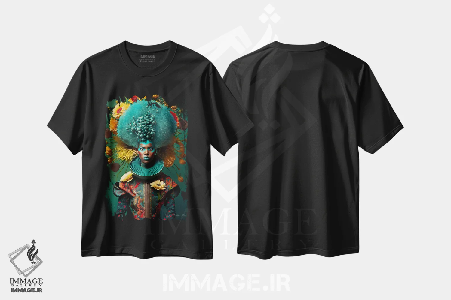 تیشرت مشکی طرح دار زن آفریقایی رترو فیوچریست، هنر آمریکایی آفریقایی تبار اثر دیجیتال وایلد آرت | immage.ir