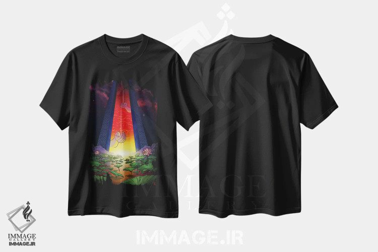 تیشرت مشکی طرح دار دروازه های سپیده دم، دکور آسیایی اثر دینگ ژونگ هو | فروشگاه ایماژ