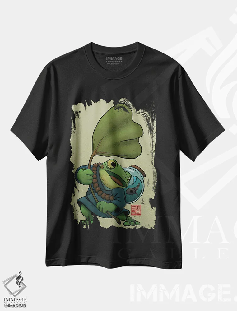تیشرت مشکی طرح دار قورباغه در طوفان، دکور آسیایی اثر دینگ ژونگ هو | فروشگاه ایماژ