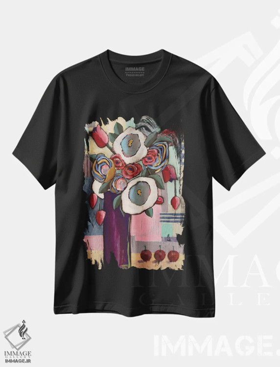 تیشرت مشکی طرح دار گل ها، تزئینی اثر دیویدای هینْدز | فروشگاه ایماژ