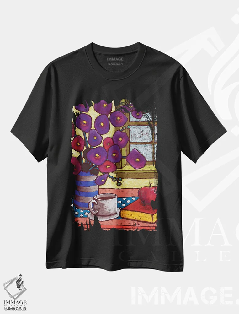 تیشرت مشکی طرح دار گل ها، تزئینی اثر دیویدای هینْدز | فروشگاه ایماژ
