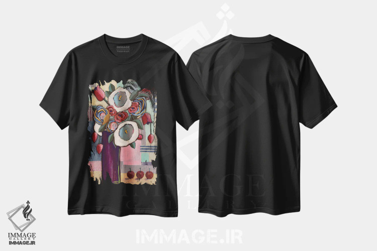 تیشرت مشکی طرح دار گل ها، تزئینی اثر دیویدای هینْدز | فروشگاه ایماژ