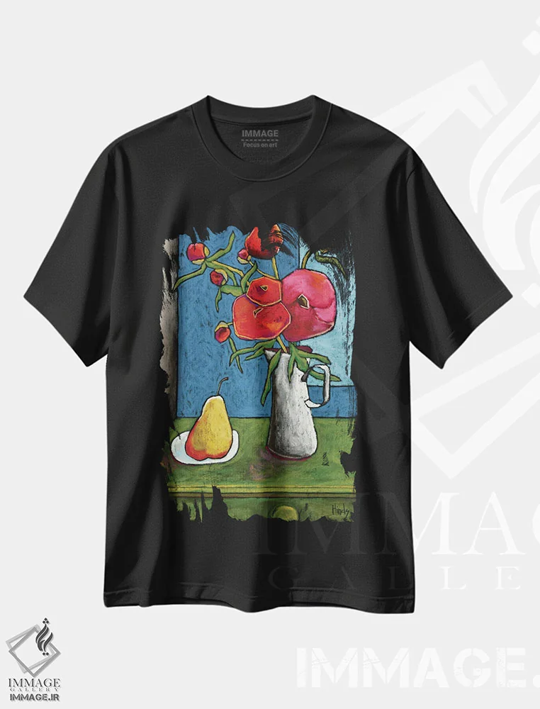 تیشرت مشکی طرح دار گل صدتومانی، تزئینی اثر دیویدای هینْدز | فروشگاه ایماژ