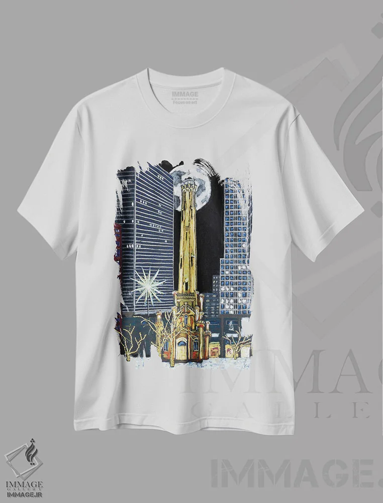 تیشرت سفید طرح دار برج آب شیکاگو، تزئینی اثر دیویدای هینْدز | فروشگاه ایماژ