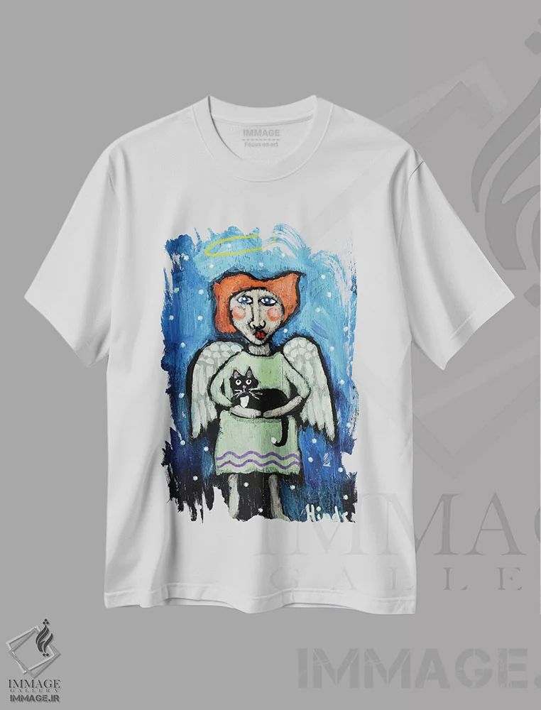 تیشرت سفید طرح دار فرشته نگهبان، تزئینی اثر دیویدای هینْدز | فروشگاه ایماژ