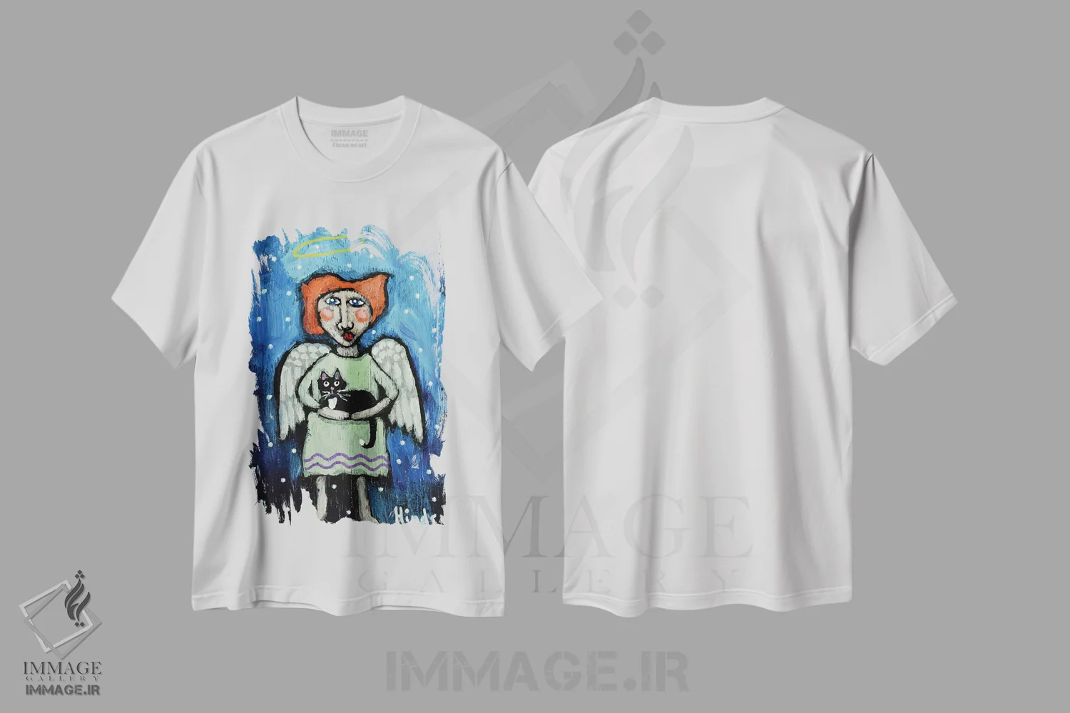 تیشرت سفید طرح دار فرشته نگهبان، تزئینی اثر دیویدای هینْدز | فروشگاه ایماژ