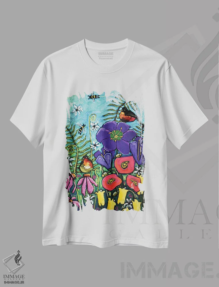 تیشرت سفید طرح دار سرود بهاری، تزئینی اثر دیویدای هینْدز | immage.ir