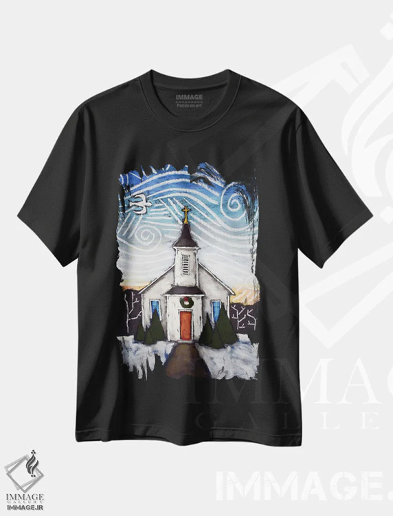 تیشرت مشکی طرح دار کلیسا در منظره زمستانی II، تزئینی اثر دیویدای هینْدز | immage.ir