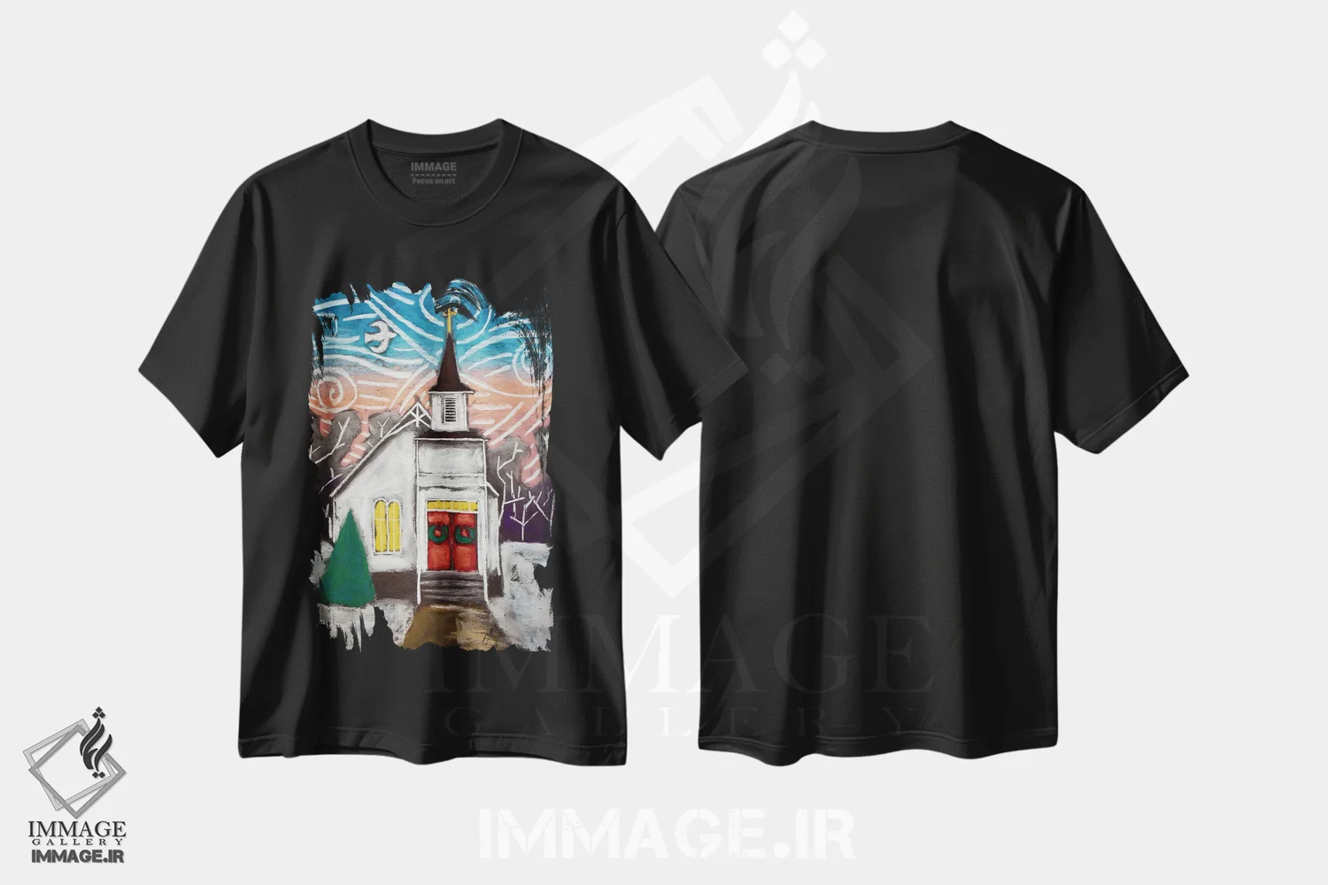 تیشرت مشکی طرح دار کلیسا در منظره زمستانی، تزئینی اثر دیویدای هینْدز | فروشگاه ایماژ