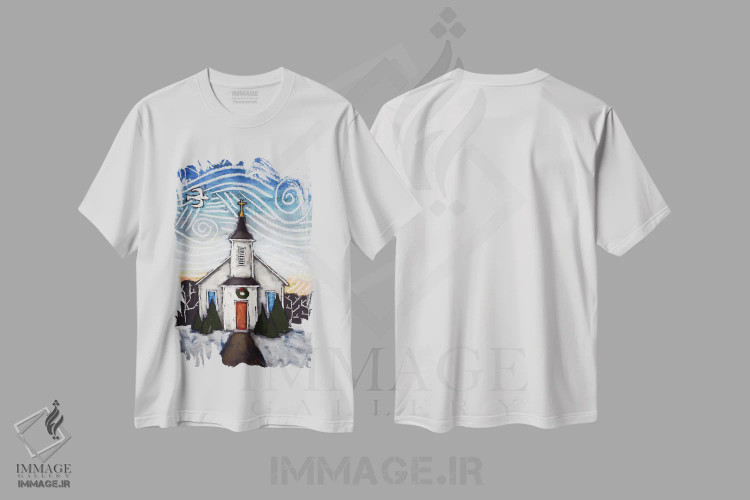 تیشرت سفید طرح دار کلیسا در منظره زمستانی II، تزئینی اثر دیویدای هینْدز | فروشگاه ایماژ