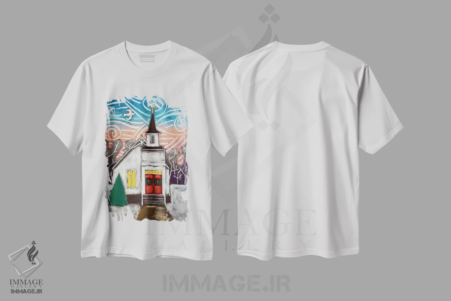 تیشرت سفید طرح دار کلیسا در منظره زمستانی، تزئینی اثر دیویدای هینْدز | immage.ir