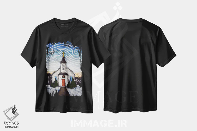 تیشرت مشکی طرح دار کلیسا در منظره زمستانی II، تزئینی اثر دیویدای هینْدز | immage.ir