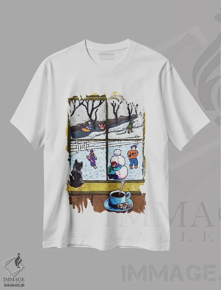 تیشرت سفید طرح دار صحنه زمستانی بازی کودکان، تزئینی اثر دیویدای هینْدز | immage.ir