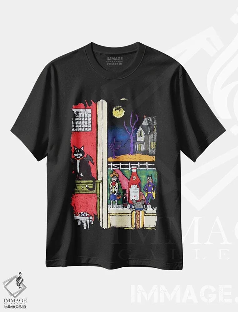 تیشرت مشکی طرح دار قاشق زنی، تزئینی اثر دیویدای هینْدز | فروشگاه ایماژ