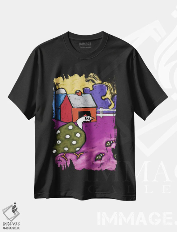 تیشرت مشکی طرح دار مرغ گینه و جوجه هایش، تزئینی اثر دیویدای هینْدز | فروشگاه ایماژ