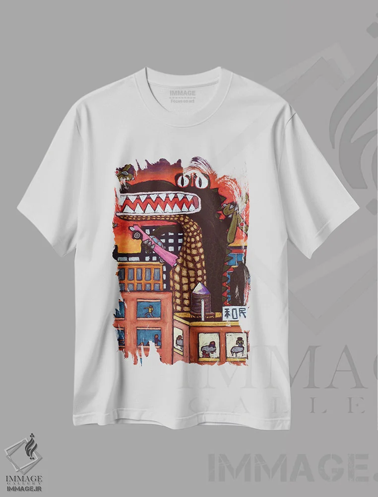 تیشرت سفید طرح دار گودزیلا، تزئینی اثر دیویدای هینْدز | فروشگاه ایماژ
