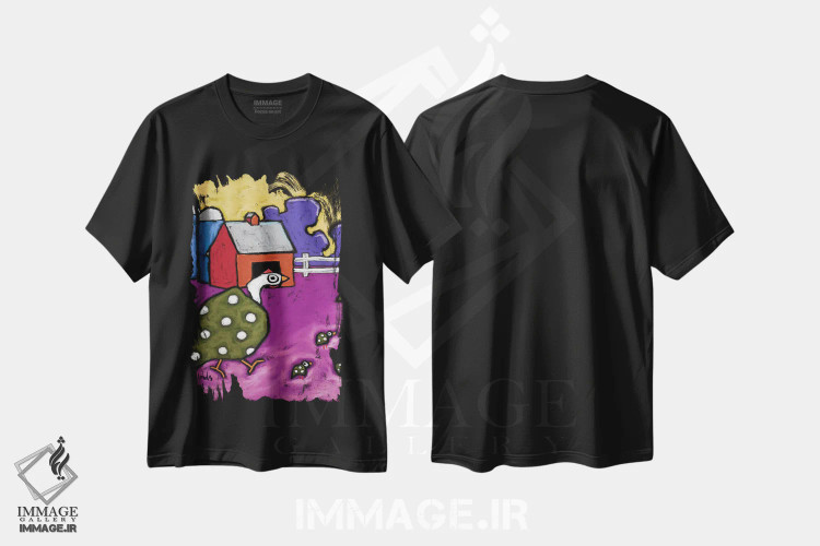 تیشرت مشکی طرح دار مرغ گینه و جوجه هایش، تزئینی اثر دیویدای هینْدز | فروشگاه ایماژ