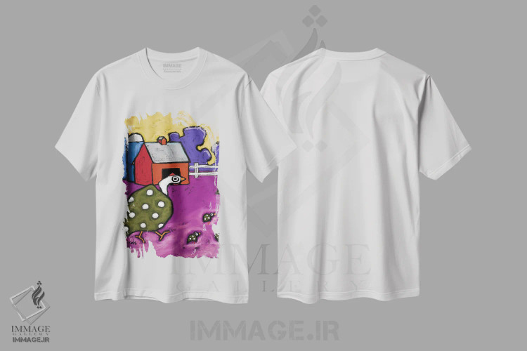 تیشرت سفید طرح دار مرغ گینه و جوجه هایش، تزئینی اثر دیویدای هینْدز | immage.ir