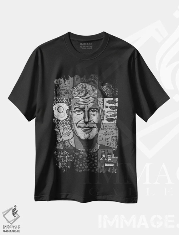 تیشرت مشکی طرح دار کلاژ آنتونی بوردین، نقاشی و تصویرگری سیاه و سفید اثر دیویدای هینْدز | immage.ir