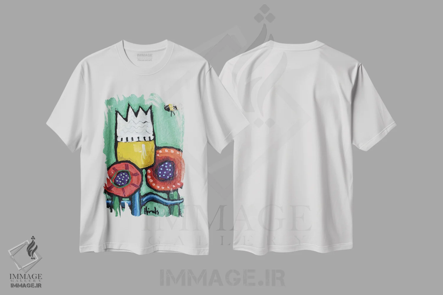 تیشرت سفید طرح دار زنبور در میان گل ها ۲، تزئینی اثر دیویدای هینْدز | فروشگاه ایماژ