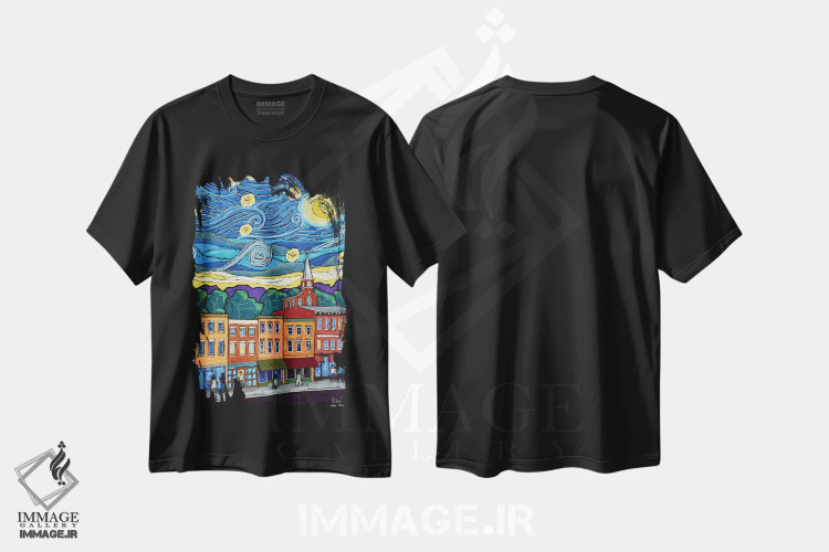تیشرت مشکی طرح دار شب پرستاره بر فراز گلنا، تزئینی اثر دیویدای هینْدز | فروشگاه ایماژ