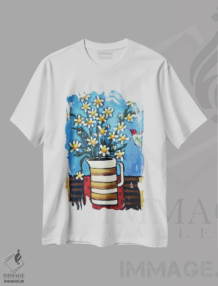 تیشرت سفید طرح دار زمان شهد، دکور معاصر اثر دیویدای هینْدز | فروشگاه ایماژ