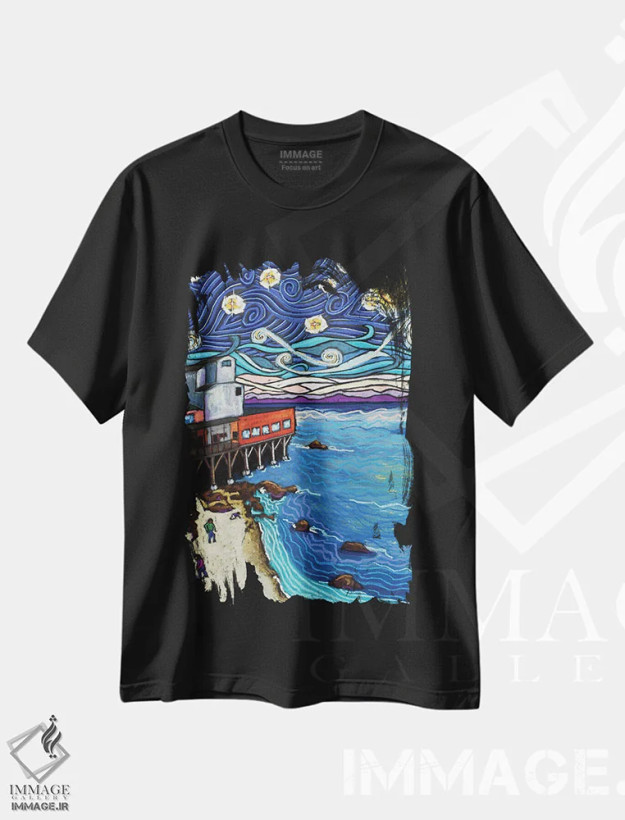 تیشرت مشکی طرح دار شب پرستاره بر فراز خلیج مونتری، تزئینی اثر دیویدای هینْدز | فروشگاه ایماژ