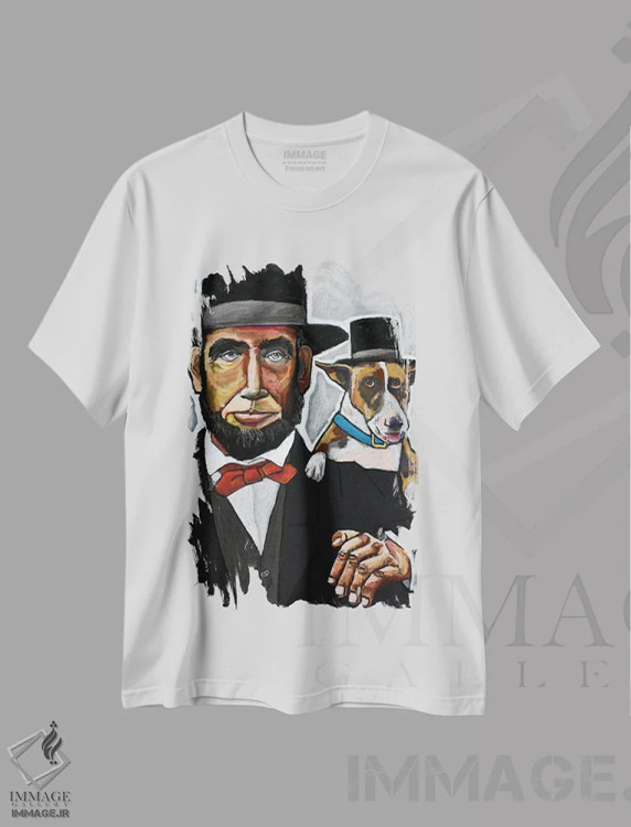 تیشرت سفید طرح دار آبراهام لینکلن با سگش، دست نقاشی و طراحی دستی اثر دیویدای هینْدز | فروشگاه ایماژ