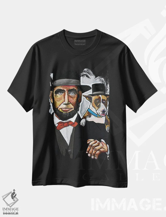 تیشرت مشکی طرح دار آبراهام لینکلن با سگش، دست نقاشی و طراحی دستی اثر دیویدای هینْدز | immage.ir
