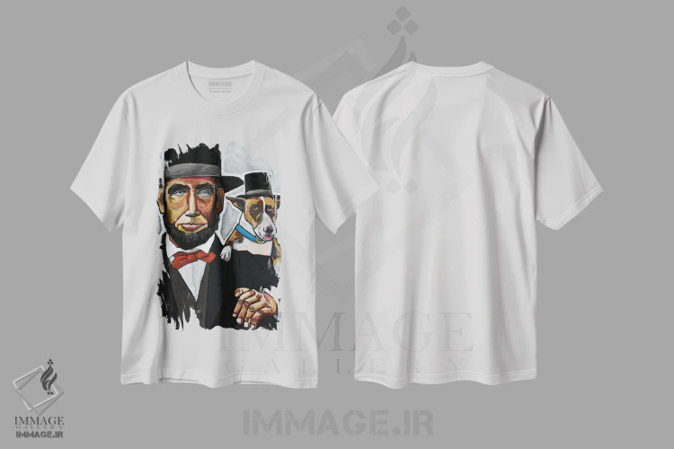 تیشرت سفید طرح دار آبراهام لینکلن با سگش، دست نقاشی و طراحی دستی اثر دیویدای هینْدز | فروشگاه ایماژ
