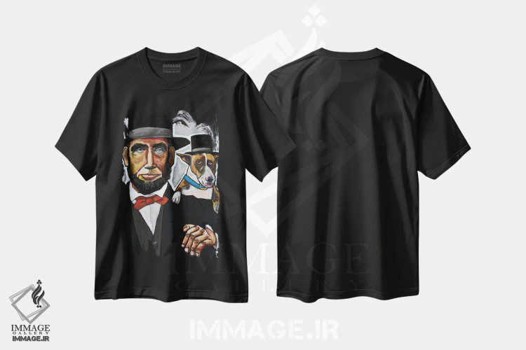 تیشرت مشکی طرح دار آبراهام لینکلن با سگش، دست نقاشی و طراحی دستی اثر دیویدای هینْدز | immage.ir