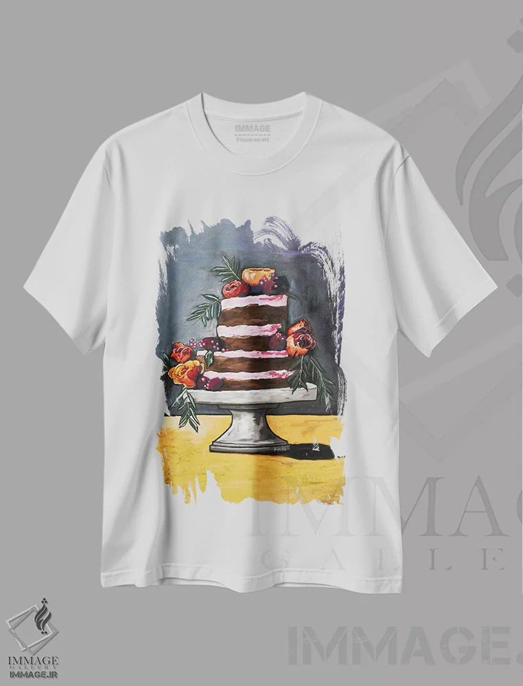 تیشرت سفید طرح دار کیک لبو و ترافل گل رز، تزئینی اثر دیویدای هینْدز | فروشگاه ایماژ