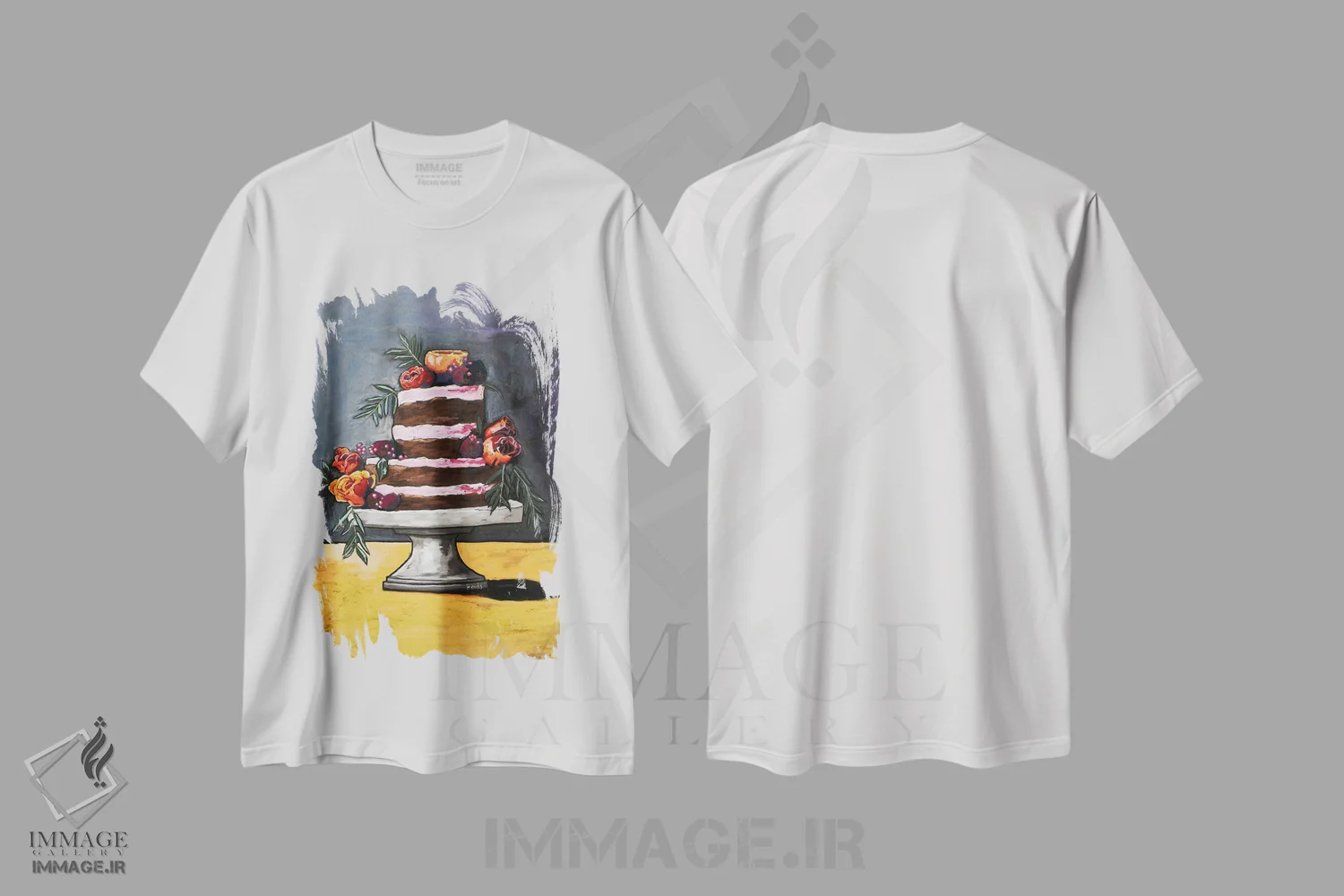 تیشرت سفید طرح دار کیک لبو و ترافل گل رز، تزئینی اثر دیویدای هینْدز | فروشگاه ایماژ