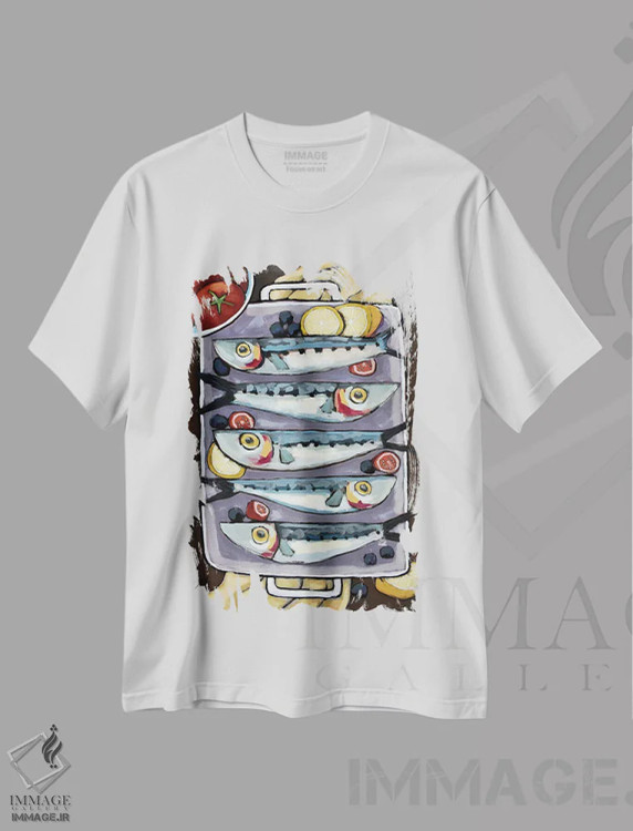 تیشرت سفید طرح دار ماهی با گوجه فرنگی و سایر مواد، هنر دیجیتال اثر دیویدای هینْدز | immage.ir