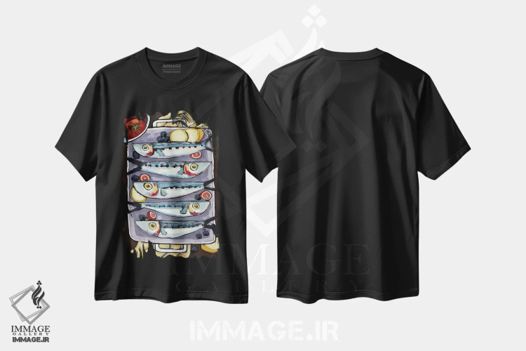 تیشرت مشکی طرح دار ماهی با گوجه فرنگی و سایر مواد، هنر دیجیتال اثر دیویدای هینْدز | فروشگاه ایماژ