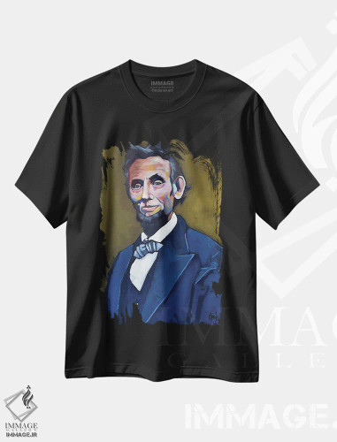 تیشرت مشکی طرح دار آبراهام لینکلن در حال نشستن برای پرتره، دکور آمریکایی اثر دیویدای هینْدز | فروشگاه ایماژ