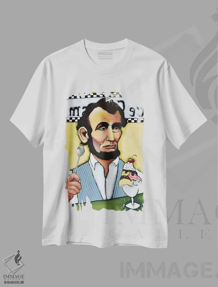 تیشرت سفید طرح دار آبراهام لینکلن خودمانی، دکور آمریکایی اثر دیویدای هینْدز | فروشگاه ایماژ