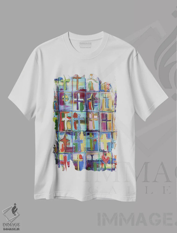 تیشرت سفید طرح دار کلاژ صلیب مقدس، هنر دیجیتال اثر دیویدای هینْدز | immage.ir