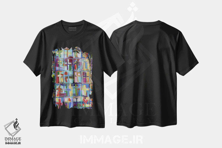 تیشرت مشکی طرح دار کلاژ صلیب مقدس، هنر دیجیتال اثر دیویدای هینْدز | فروشگاه ایماژ