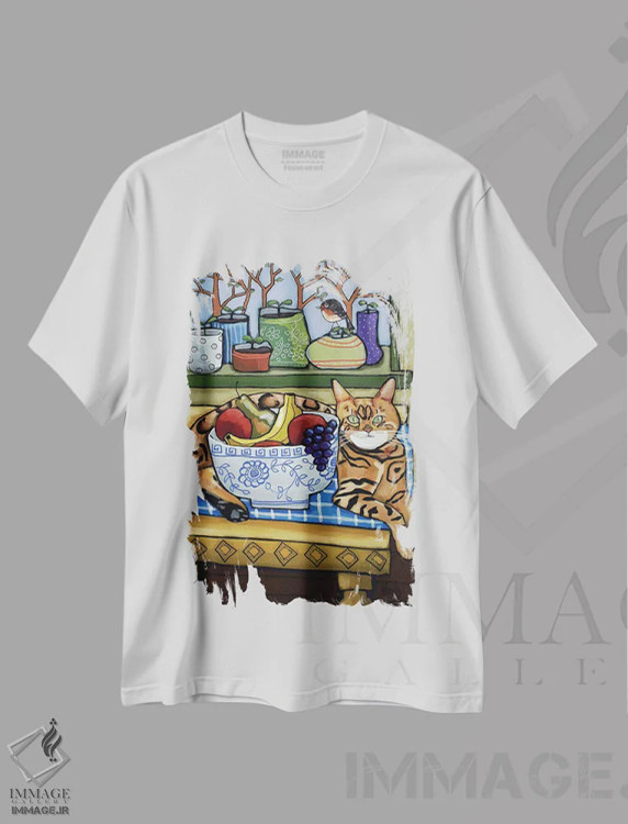 تیشرت سفید طرح دار گربه بنگال، شینوازری اثر دیویدای هینْدز | immage.ir