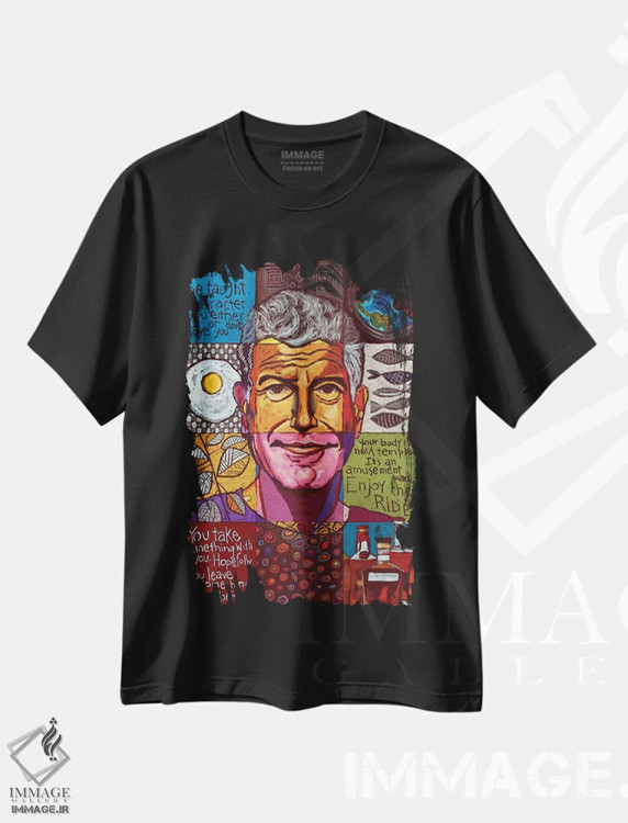 تیشرت مشکی طرح دار کلاژ آنتونی بوردین، دست نقاشی و طراحی دستی اثر دیویدای هینْدز | فروشگاه ایماژ