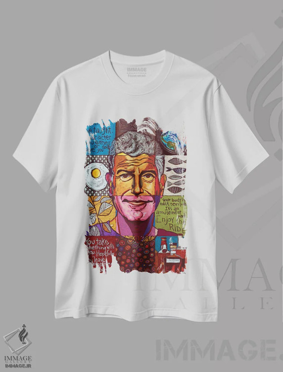 تیشرت سفید طرح دار کلاژ آنتونی بوردین، دست نقاشی و طراحی دستی اثر دیویدای هینْدز | immage.ir