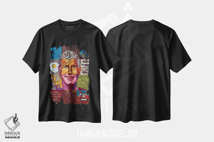 تیشرت مشکی طرح دار کلاژ آنتونی بوردین، دست نقاشی و طراحی دستی اثر دیویدای هینْدز | فروشگاه ایماژ