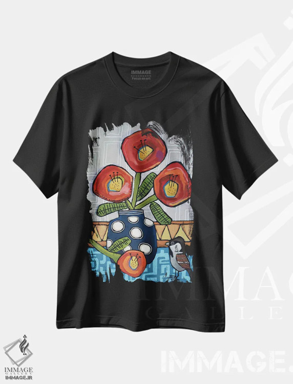 تیشرت مشکی طرح دار گنجشک در هزارتو، هنر فاخر معاصر اثر دیویدای هینْدز | فروشگاه ایماژ