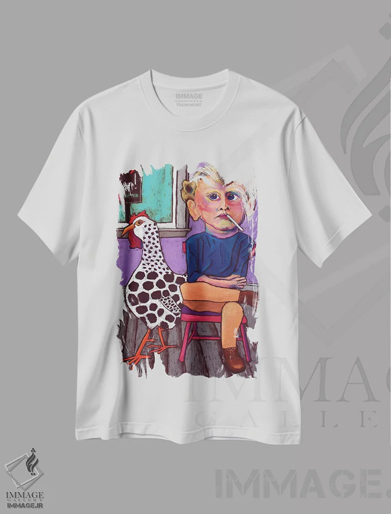 تیشرت سفید طرح دار مرغ سوخاری، مدیوم اثر دیویدای هینْدز | فروشگاه ایماژ