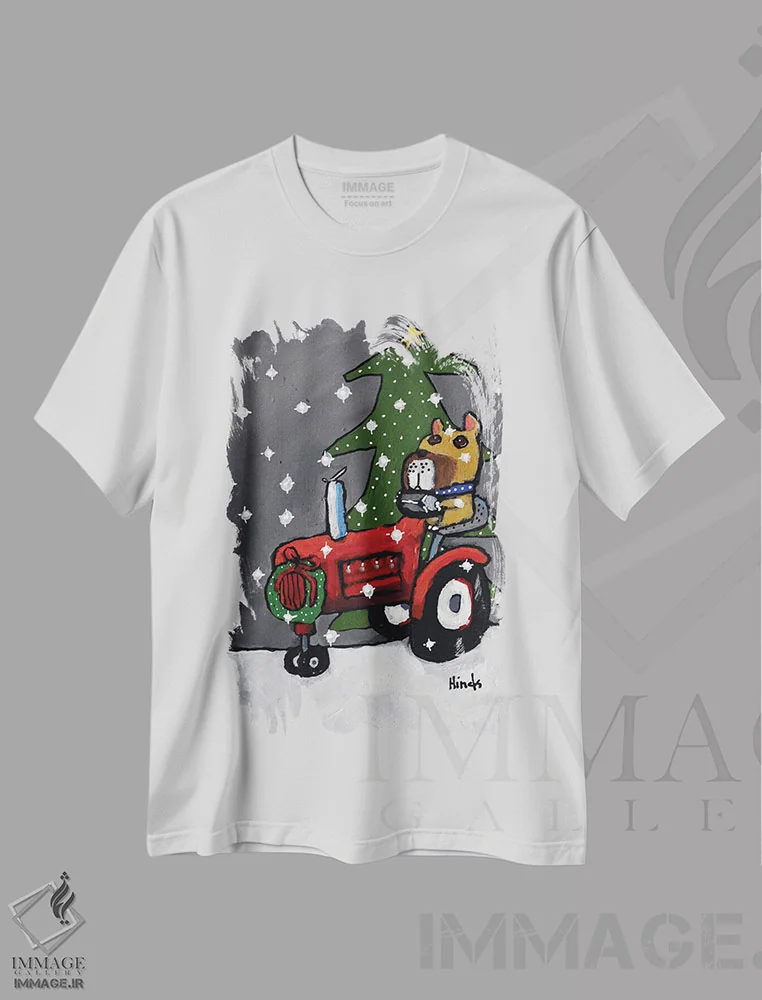 تیشرت سفید طرح دار سگ کریسمسی و تراکتور، حیوانات کریسمسی اثر دیویدای هینْدز | immage.ir
