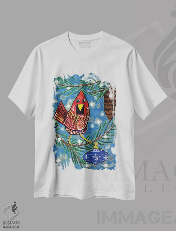 تیشرت سفید طرح دار پرنده قرمز کریسمسی، حیوانات کریسمسی اثر دیویدای هینْدز | فروشگاه ایماژ