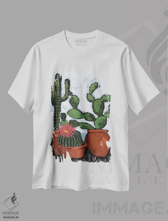 تیشرت سفید طرح دار کاکتوس بی خیال، دکور معاصر اثر دیویدای هینْدز | فروشگاه ایماژ